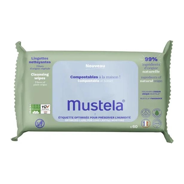 MUSTELA Chusteczki oczyszczające kompostowalne, 60 sztuk | drogeria-zdrowie.com.pl