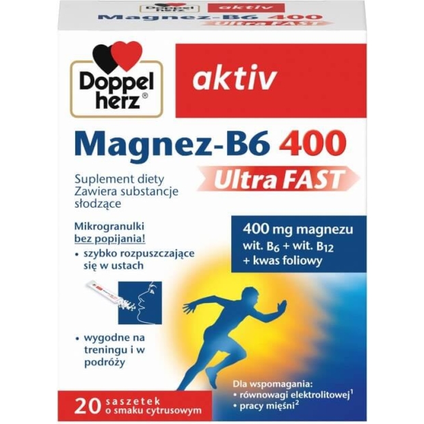 DOPPELHERZ AKTIV Magnez B6 Ultrafast, 20 saszetek | drogeria-zdrowie.com.pl