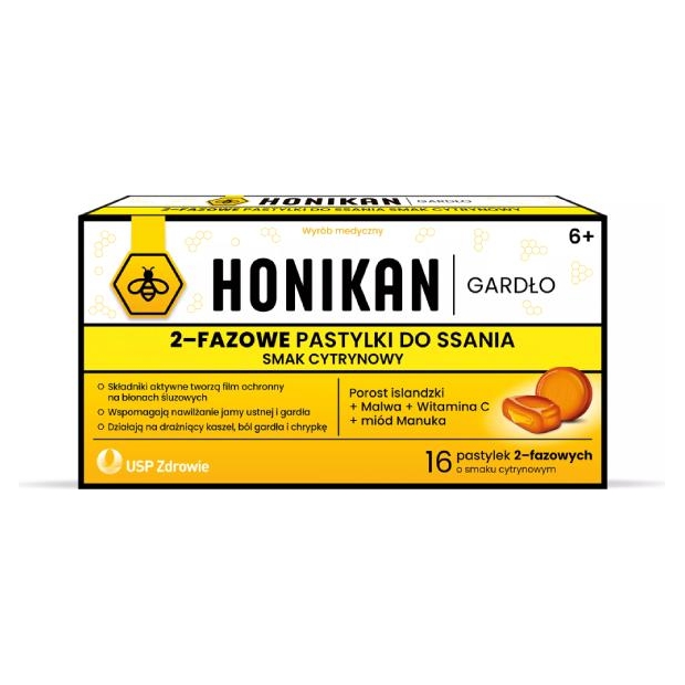 HONIKAN Gardło pastylki do ssania smak cytrynowy, 16 sztuk | drogeria-zdrowie.com.pl