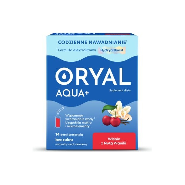 ORYAL Aqua + wiśnia z nutą wanilii elektrolity, 14 saszetek | drogeria-zdrowie.com.pl