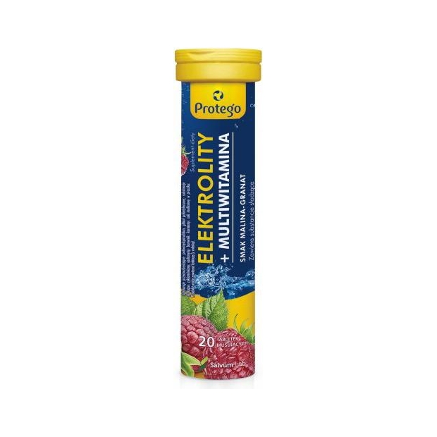 PROTEGO Elektrolity + Multiwitamina smak malina-granat, 20 tabletek musujących | drogeria-zdrowie.com.pl
