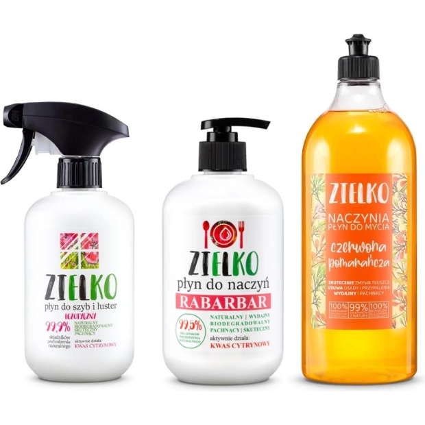 Zielko Naczynia Płyn do mycia czerwona pomarańcza 1 l + ZIELKO Płyn do naczyń RABARBAR 500 ml + Zielko Płyn do szyb 500 ml | drogeria-zdrowie.com.pl