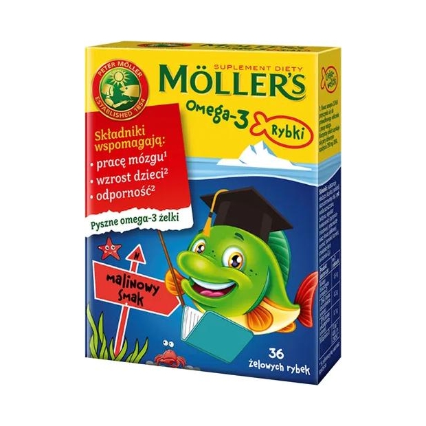 MOLLERS Omega-3 Rybki malina żelki, 36 sztuk | drogeria-zdrowie.com.pl