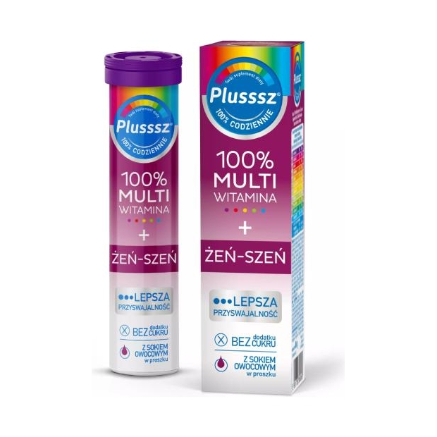 PLUSSSZ 100% Multiwitamina + Żeń Szeń, 20 tabletek musujących | drogeria-zdrowie.com.pl