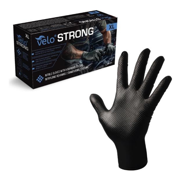 VELO Strong rękawice nitrylowe czarne XL, 50 sztuk | drogeria-zdrowie.com.pl