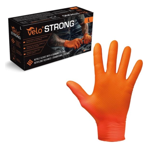 VELO Strong rękawice nitrylowe pomarańczowe L, 50 sztuk | drogeria-zdrowie.com.pl