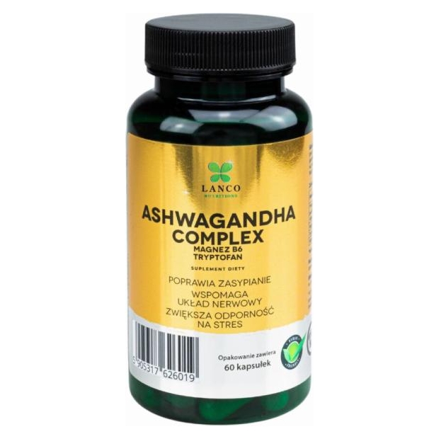 LANCO NUTRITIONS ASHWAGANDHA Complex Magnez B6 Tryptofan, 60 kapsułek | drogeria-zdrowie.com.pl