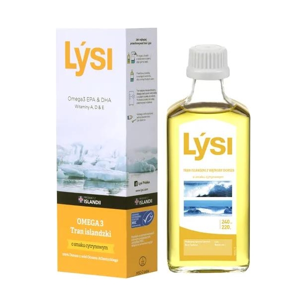 LYSI Tran islandzki o smaku cytrynowym, 240ml | drogeria-zdrowie.com.pl